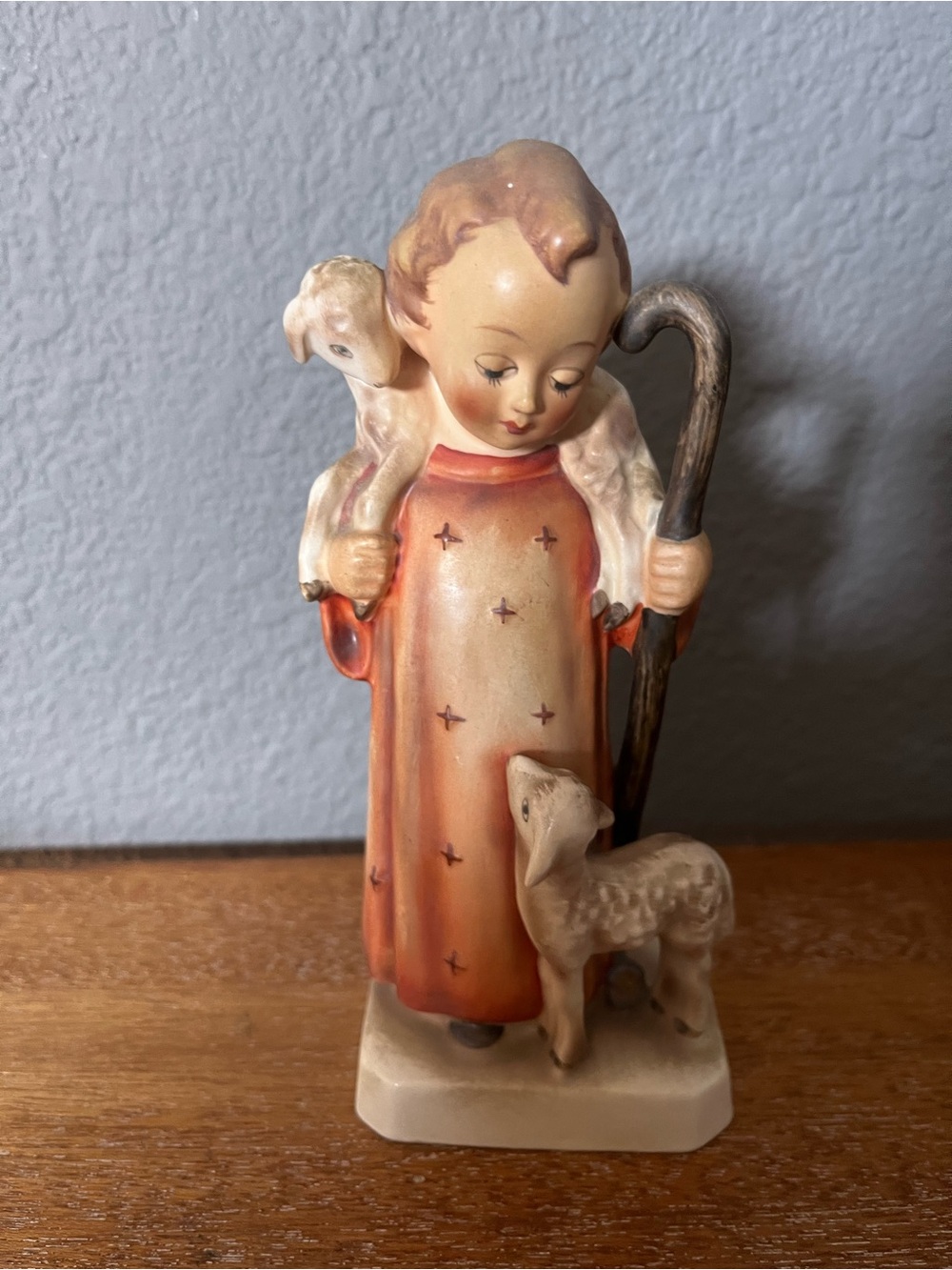 rare Hand-Painted Ceramic Shepherd Figurine in Orange and Cream